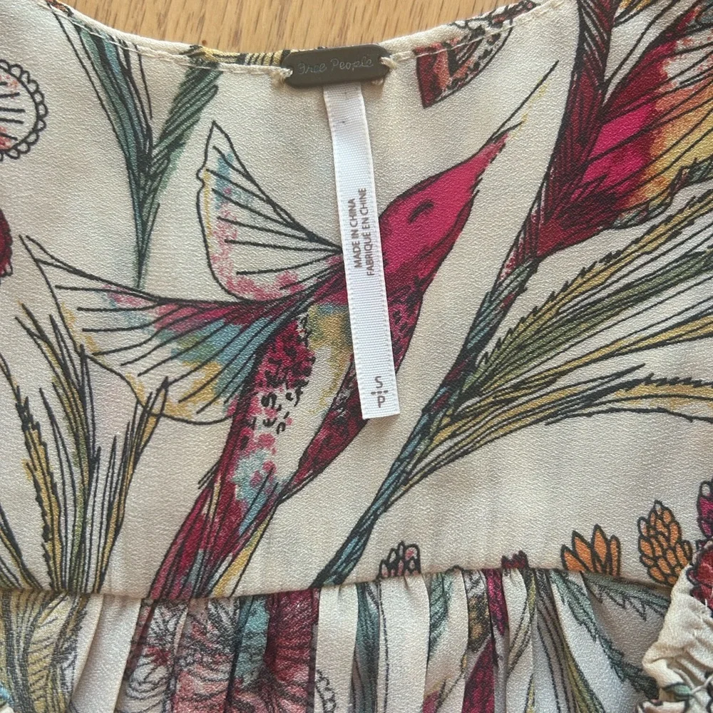 Free People Tiered Layered Floral Bird Print Blouse Top Tunic Small Boho